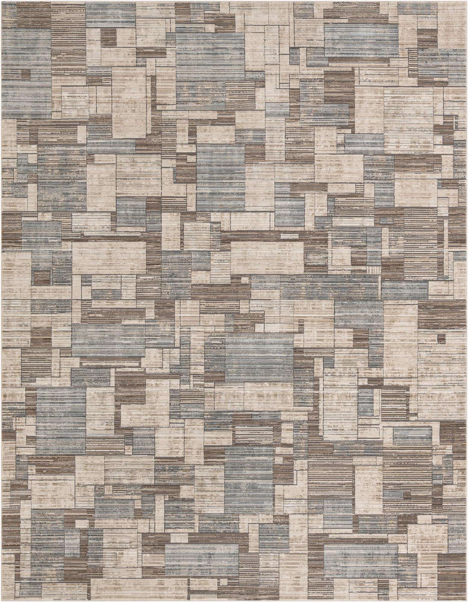 A rectangular 8x10 indoor rug featuring a modern abstract geometric pattern in shades of brown, tan, and off-white.
