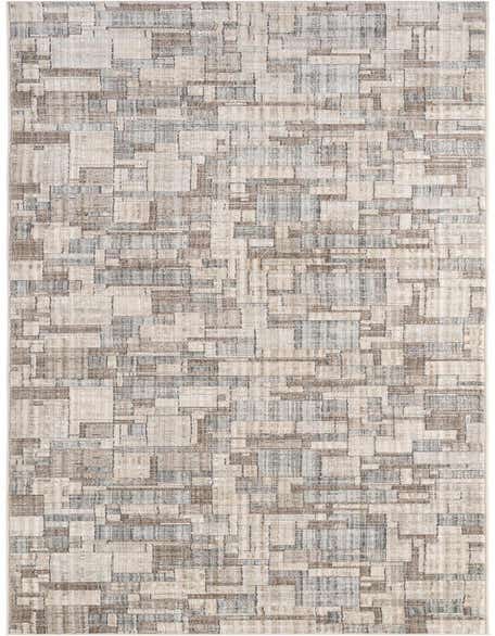 A 12 ft runner rug with a modern geometric pattern in shades of brown, tan, and white, suitable for a hallway.