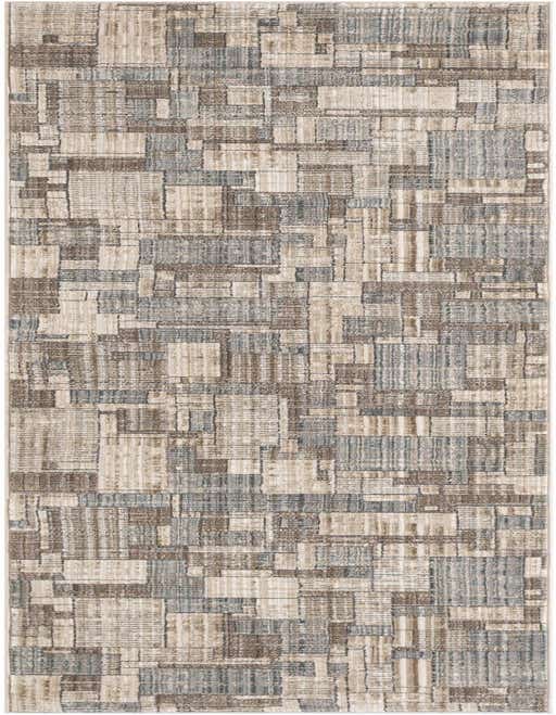 A long 8 ft runner rug featuring an abstract geometric pattern in shades of brown, tan, and white.