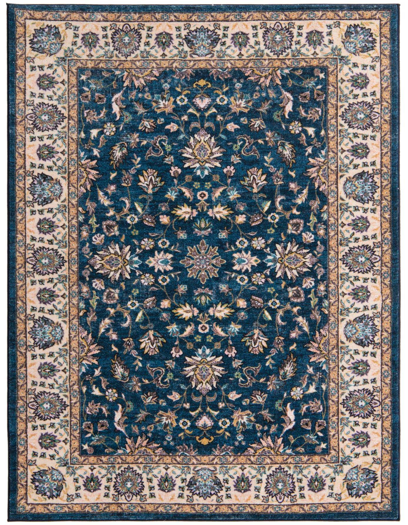 A 5x8 rectangular Medina rug by Rugs.com, featuring a traditional blue and cream floral Oriental pattern with a medium pile.