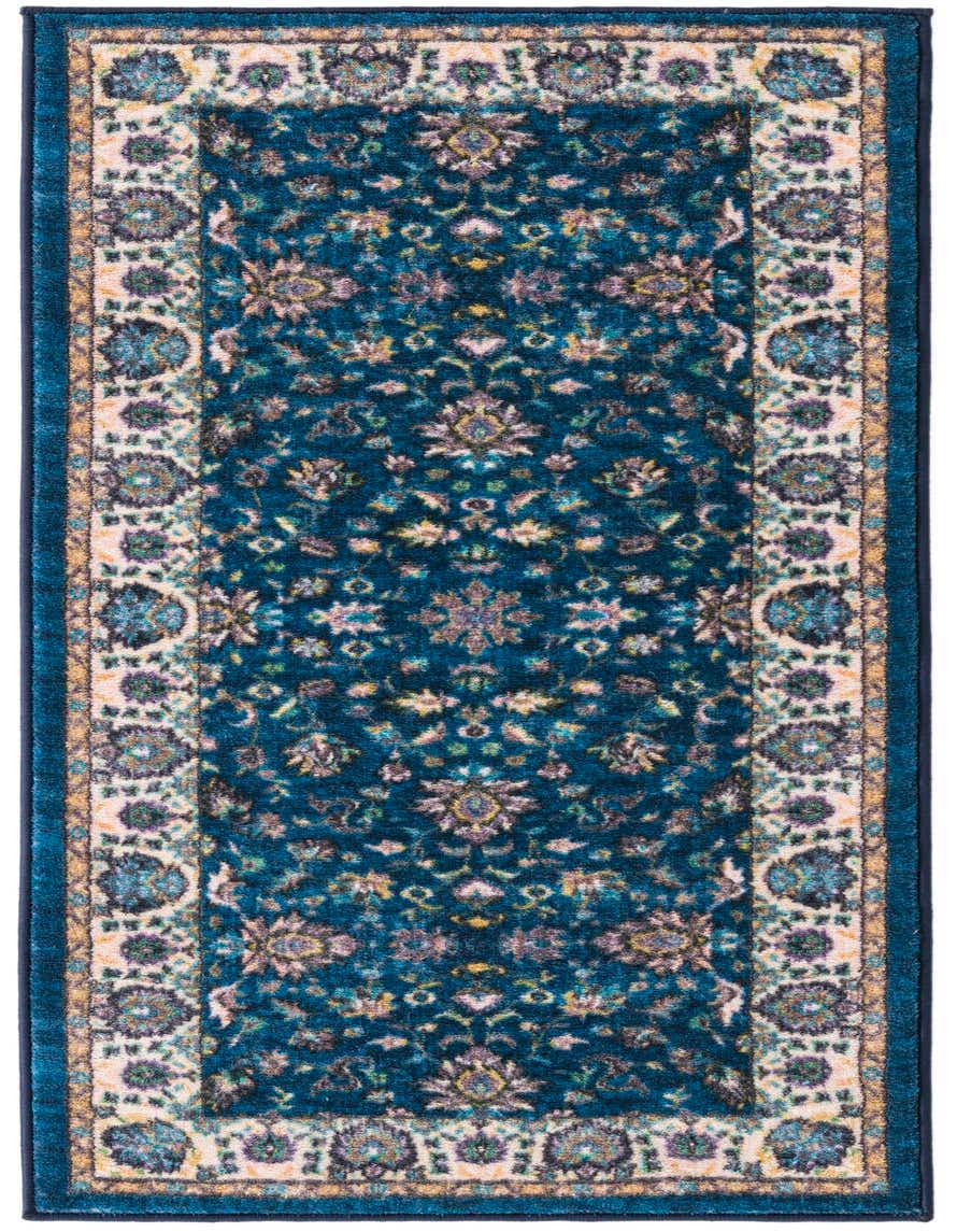 A 5 ft runner rug in shades of blue with a traditional floral and oriental pattern, featuring a cream border.
