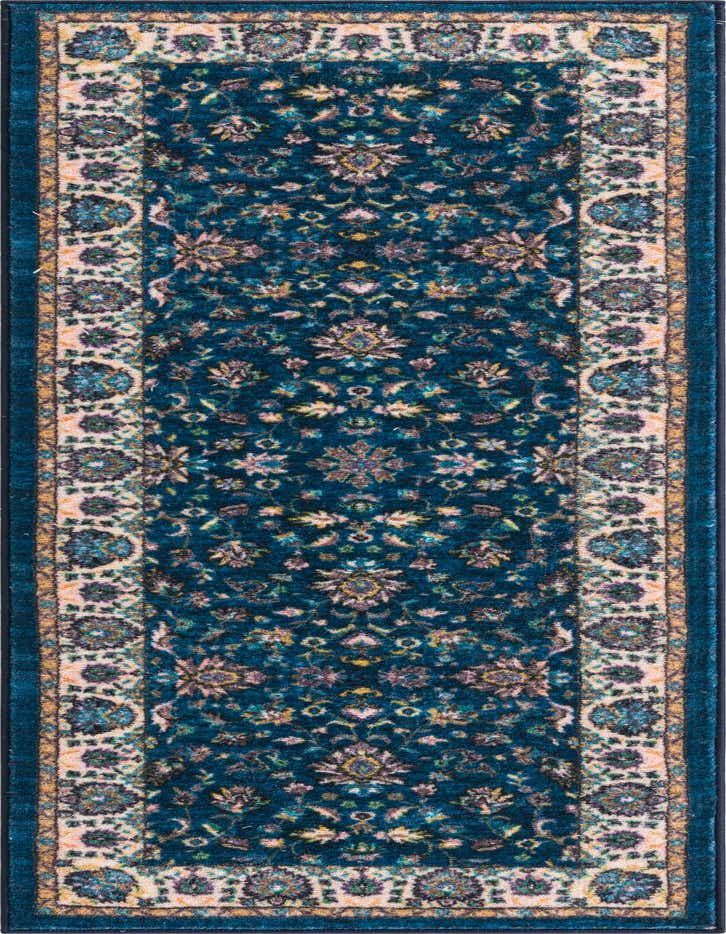 A 6 ft Medina runner rug in deep blue with a traditional floral and medallion pattern, bordered by an ornate cream and gold design.