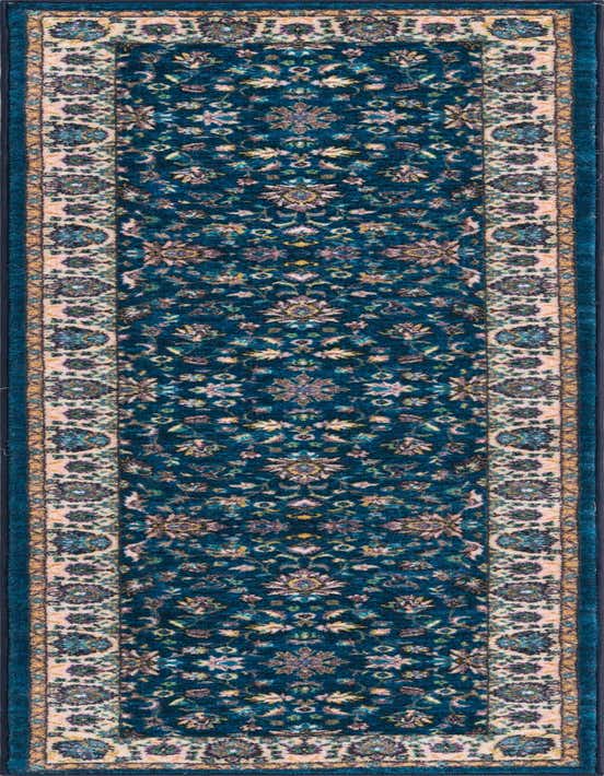 A long 8 ft runner rug in deep blue with a traditional floral and oriental pattern, featuring a cream border.