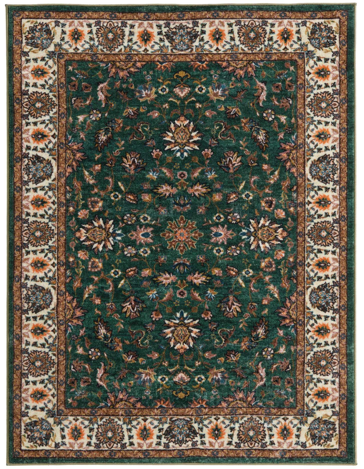 A rectangular 4x6 green traditional Medina rug with an intricate floral and oriental pattern and a detailed border.