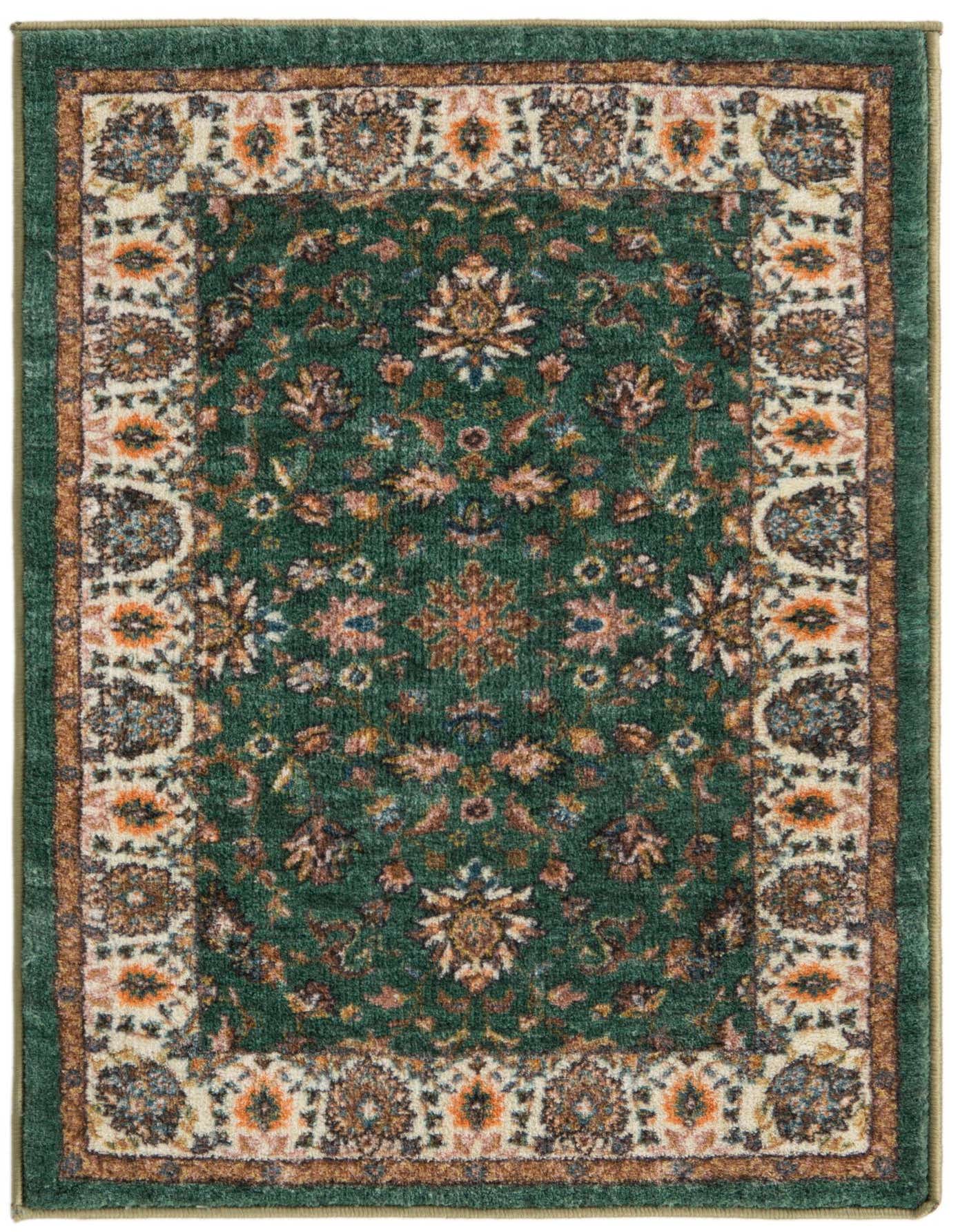 A 2x3 rectangular Medina rug in deep green with a traditional floral and oriental pattern, featuring a cream and orange border.