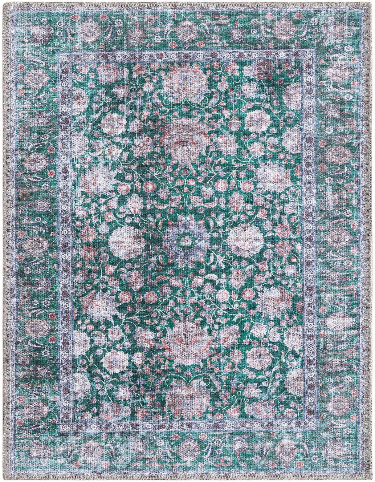 A 2x3 rectangular green area rug with an ornate, faded traditional floral pattern in shades of green, white, and subtle red.