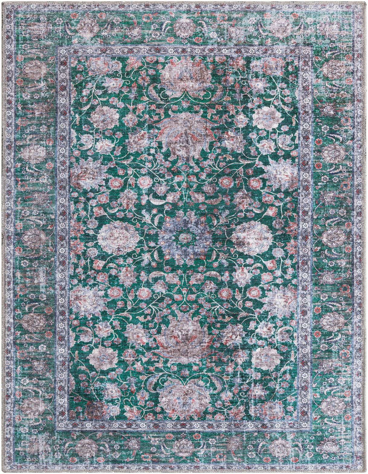 A rectangular 3x5 green area rug with an ornate, faded floral and vine pattern and a decorative border, suitable for a kitchen or entryway.