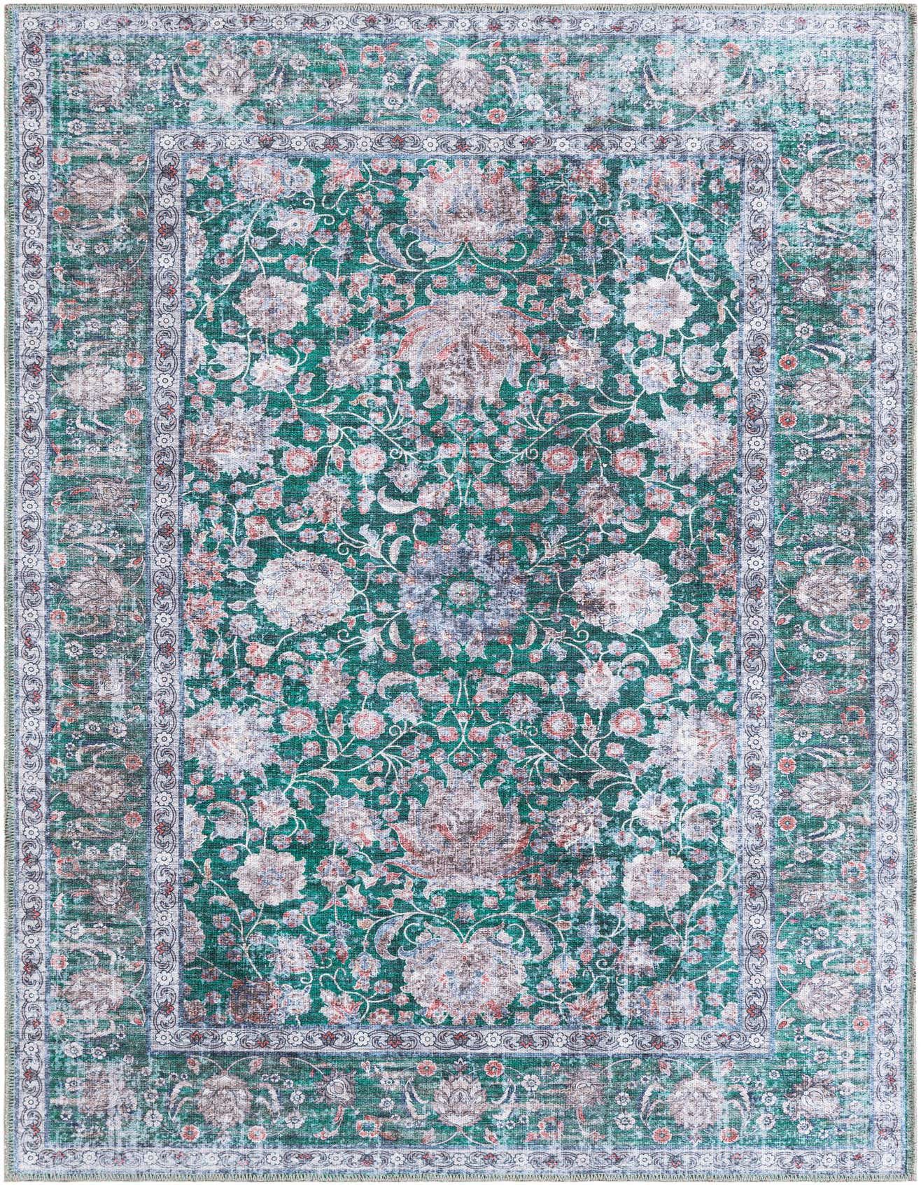 A 4x6 rectangular green area rug with an intricate faded floral pattern and a decorative border.