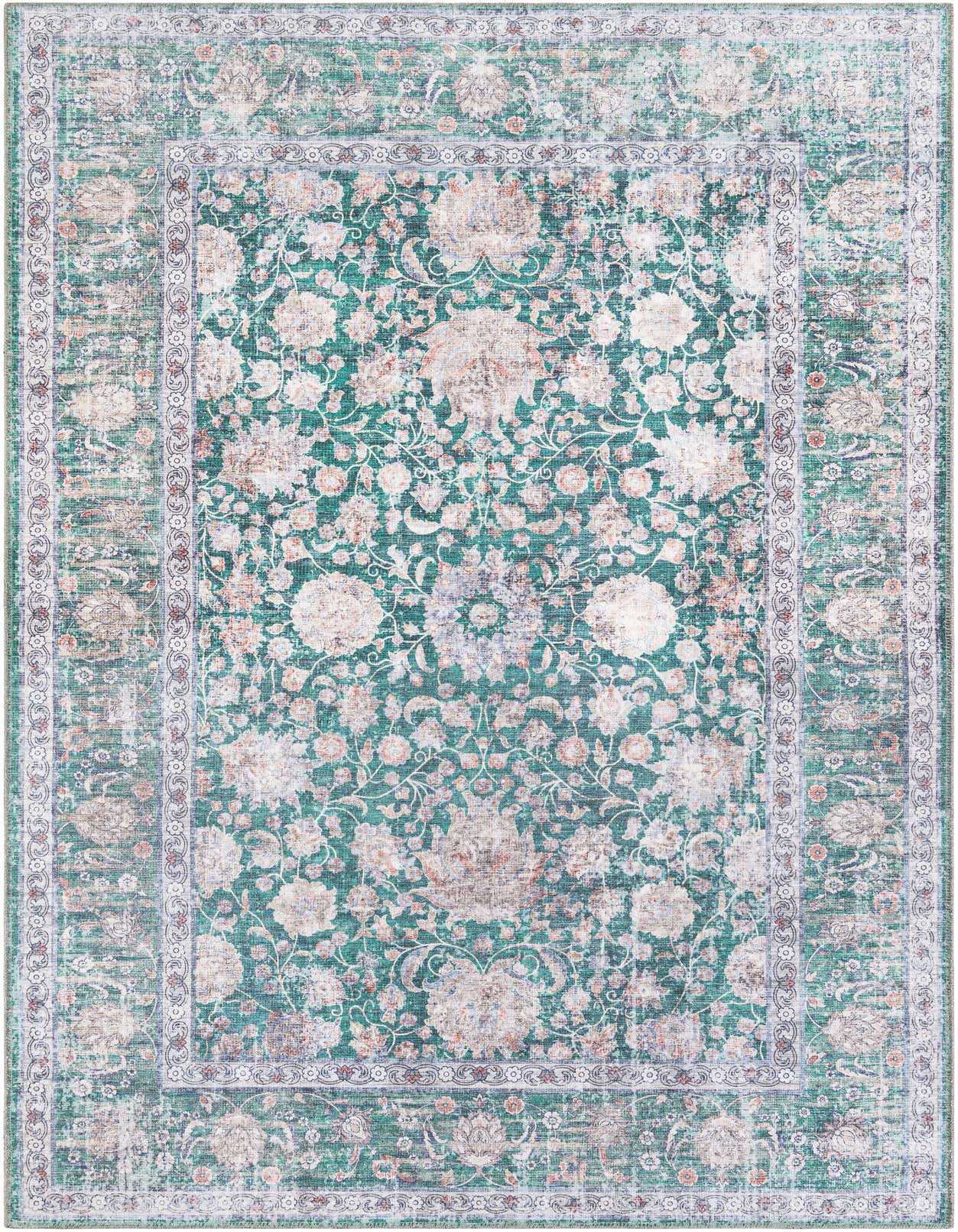 A 5x8 rectangular green modern rug with an intricate floral and medallion pattern, featuring a distressed look.