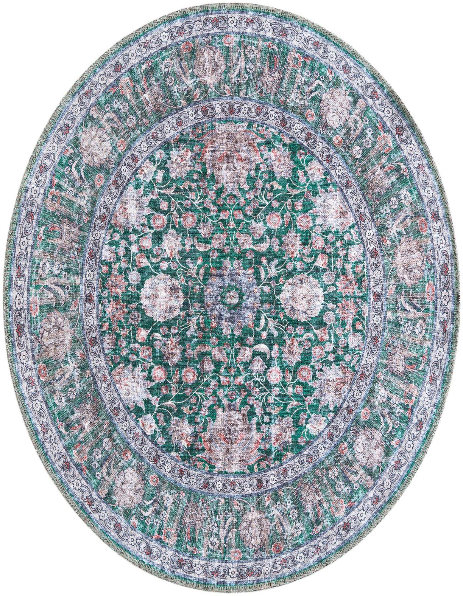 A 4' 0 x 4' 0 round green rug with an intricate faded floral pattern and ornate border.