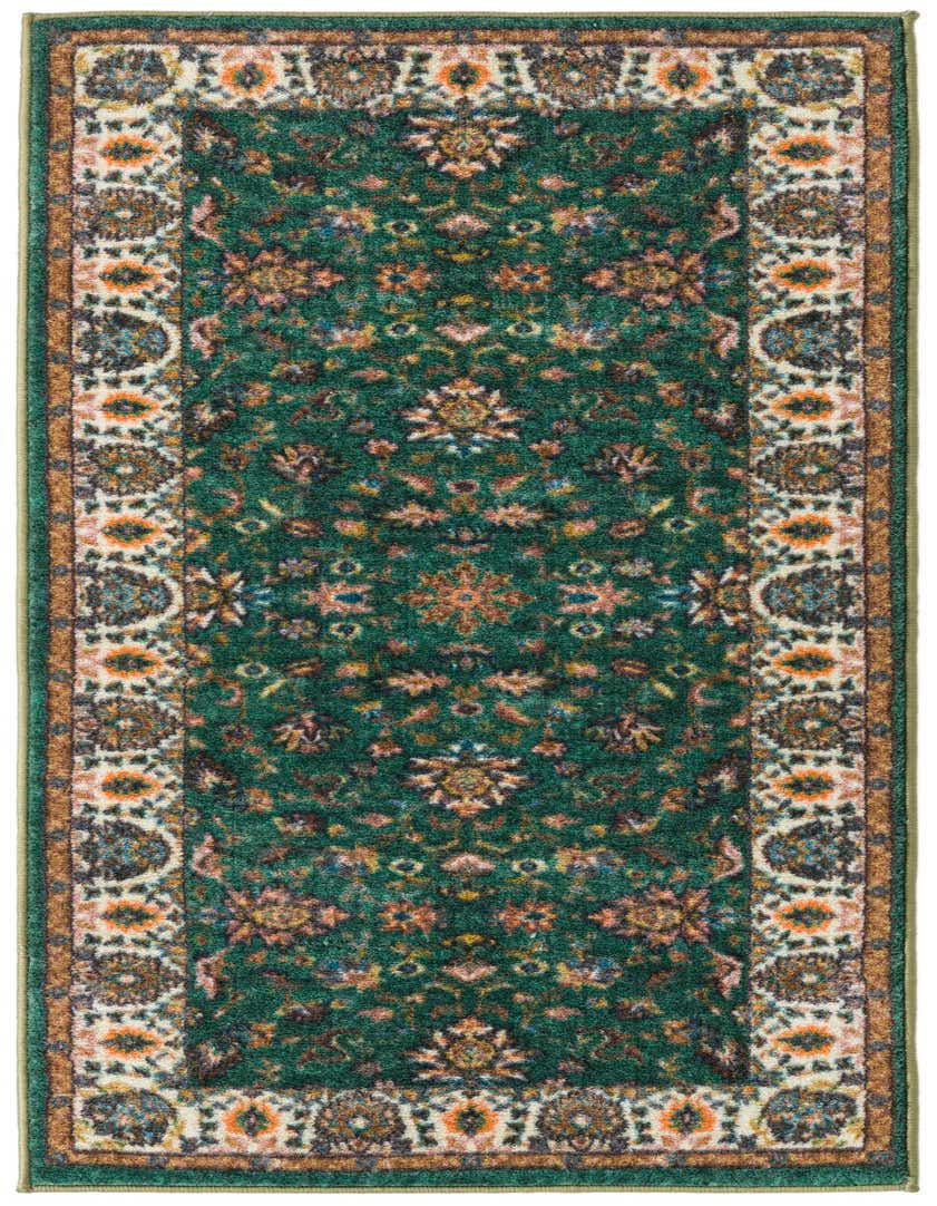 A 5 ft green runner rug with a traditional floral pattern and an ornate border, ideal for a hallway.