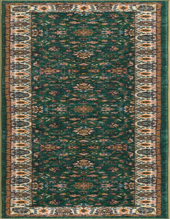 A long 8 ft green runner rug with a traditional floral pattern and a cream and brown border, ideal for a hallway or kitchen.