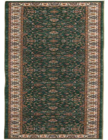 A long 13 ft runner rug in deep green with a traditional floral pattern and intricate tan and cream borders, ideal for a hallway.