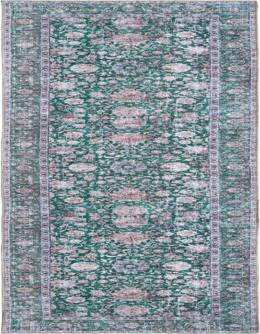 A 10 ft runner rug in shades of green with an ornate, distressed floral pattern and a decorative border, suitable for a hallway.