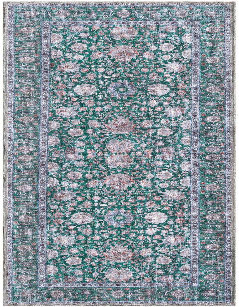 A 5 ft runner rug in shades of green with a distressed floral and medallion pattern, ideal for a hallway.