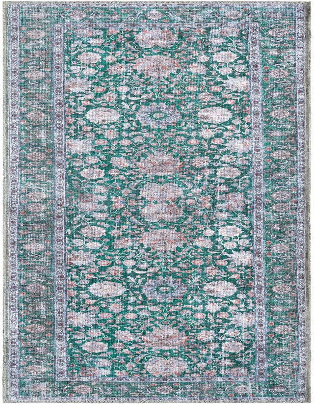 A 6 ft runner rug in shades of green with a distressed floral pattern and a decorative border.