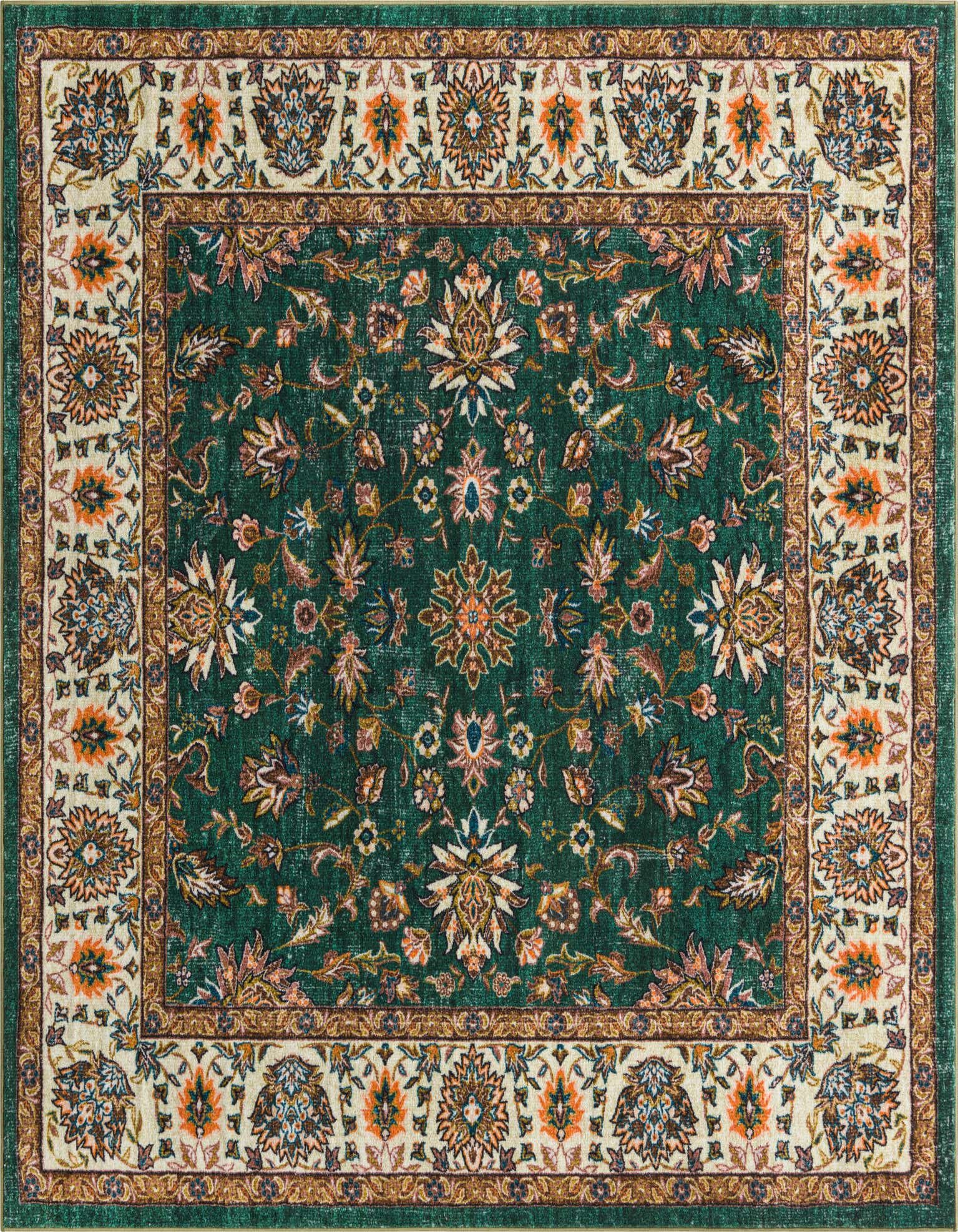 A 7' 10 x 7' 10 square green traditional Medina rug with an intricate floral and botanical pattern and a cream border.