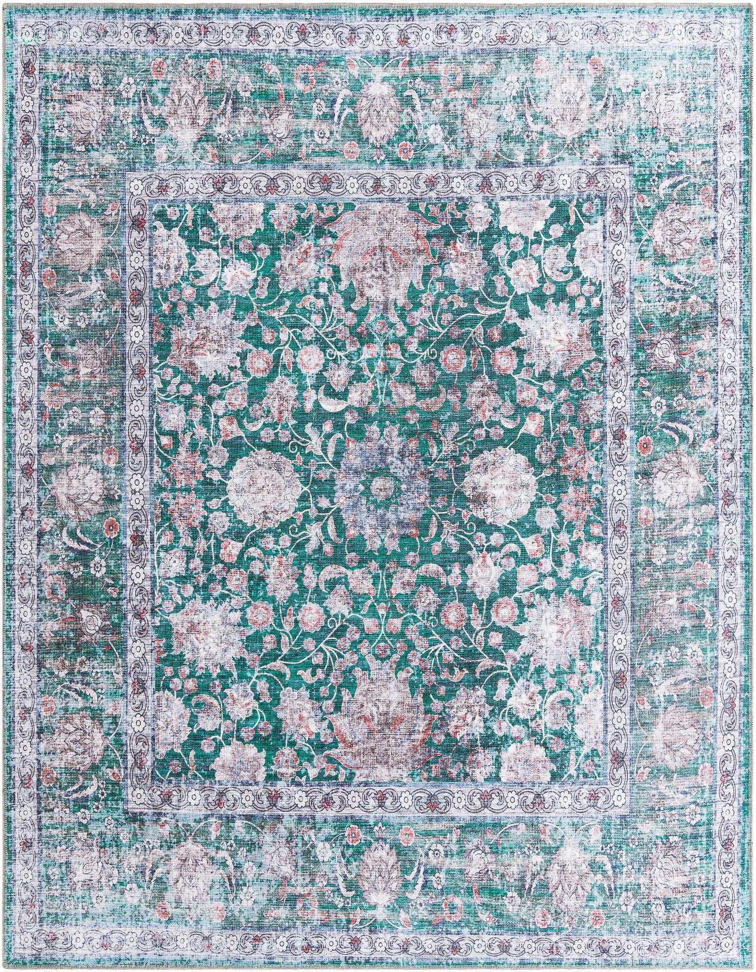 A square 7' 10 x 7' 10 green area rug with an ornate distressed floral pattern and decorative border.