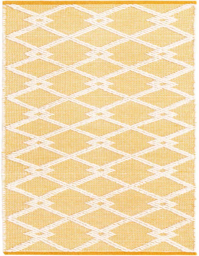 A 6 ft runner rug featuring a modern abstract diamond pattern in yellow and off-white, perfect for a hallway.