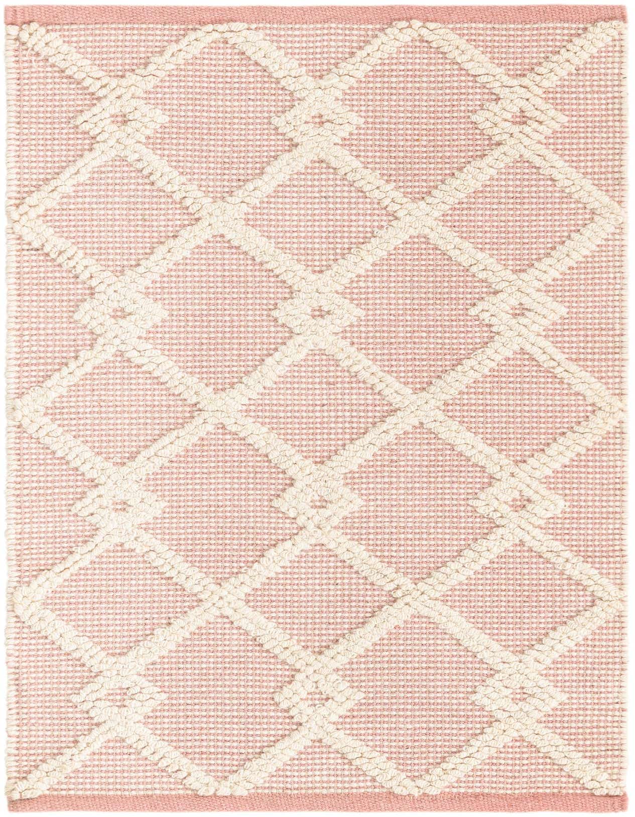 A 2x3 rectangular pink and ivory rug with a modern abstract diamond pattern, suitable for an entryway or bathroom.