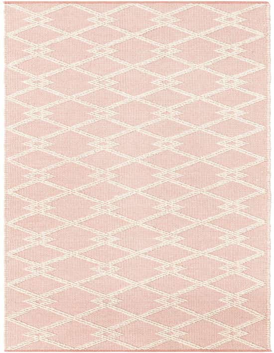 A 10 ft runner rug in light pink with a textured cream modern geometric diamond pattern, suitable for a hallway.