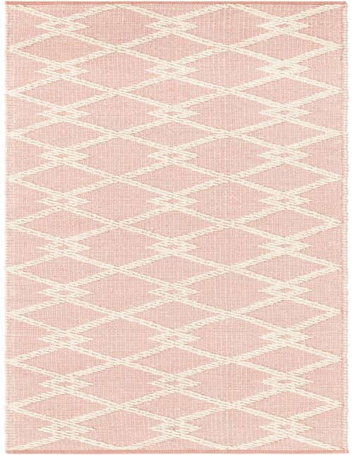 A pink 8 ft runner rug with a modern off-white geometric diamond pattern, suitable for a hallway or kitchen.