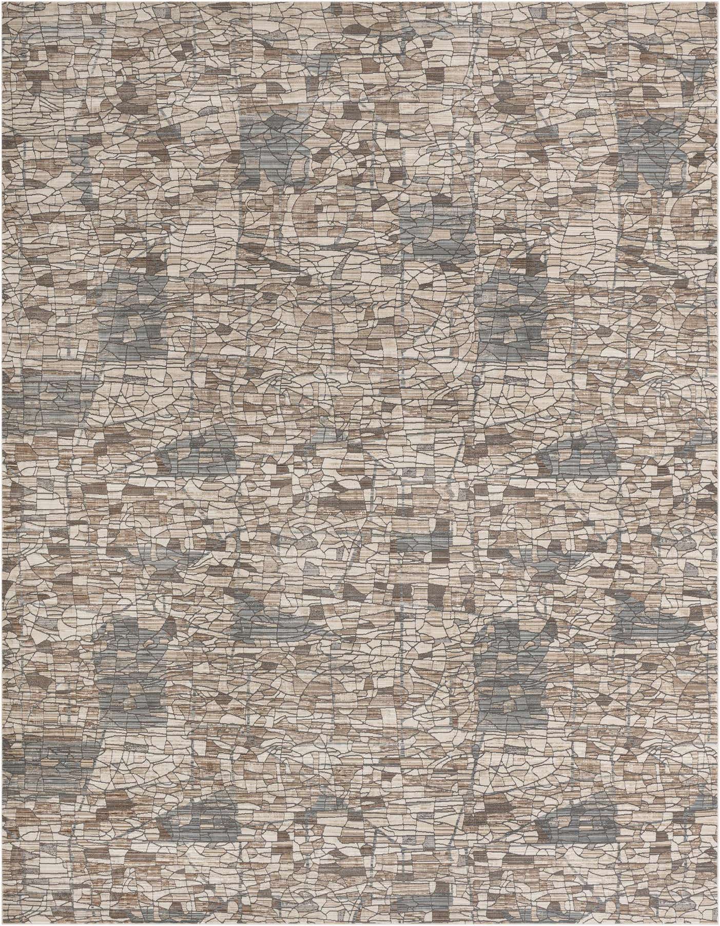 A 10x14 rectangular indoor rug featuring an abstract, cracked earth pattern in shades of brown, tan, and white.