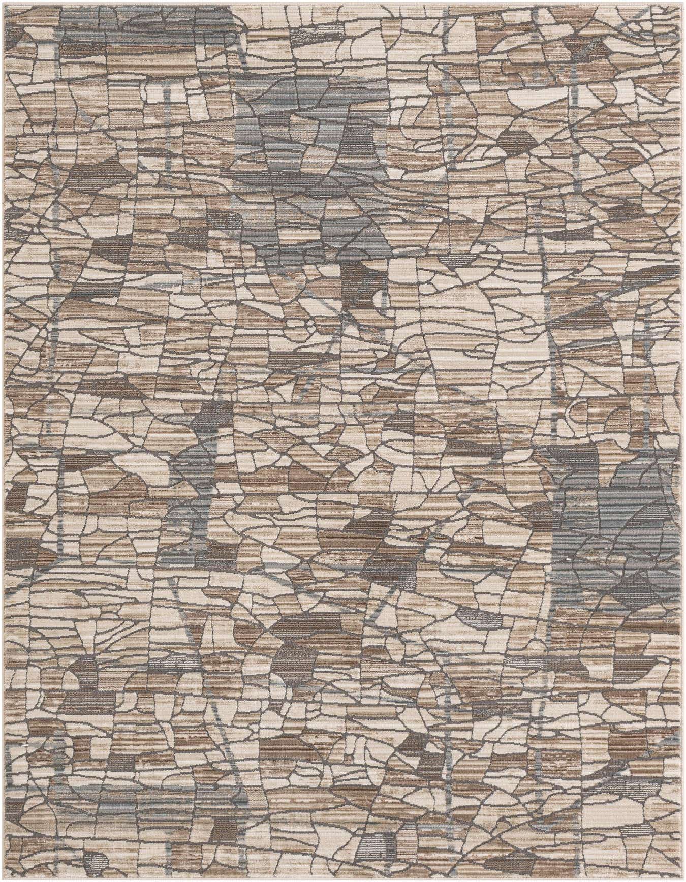 A 4x6 rectangular indoor rug featuring an abstract, fractured pattern in various shades of brown, tan, and white.