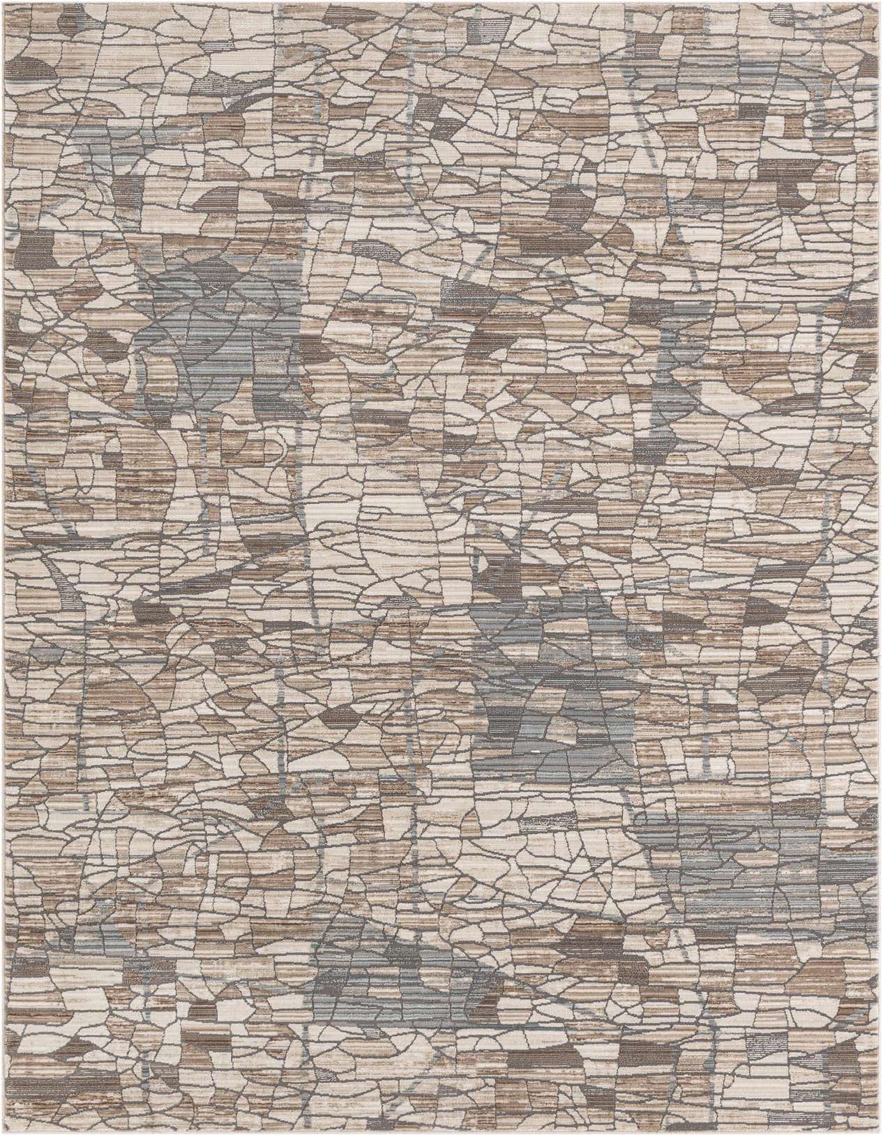 A 5x8 rectangular area rug featuring an abstract, cracked earth pattern in shades of brown, tan, and white.