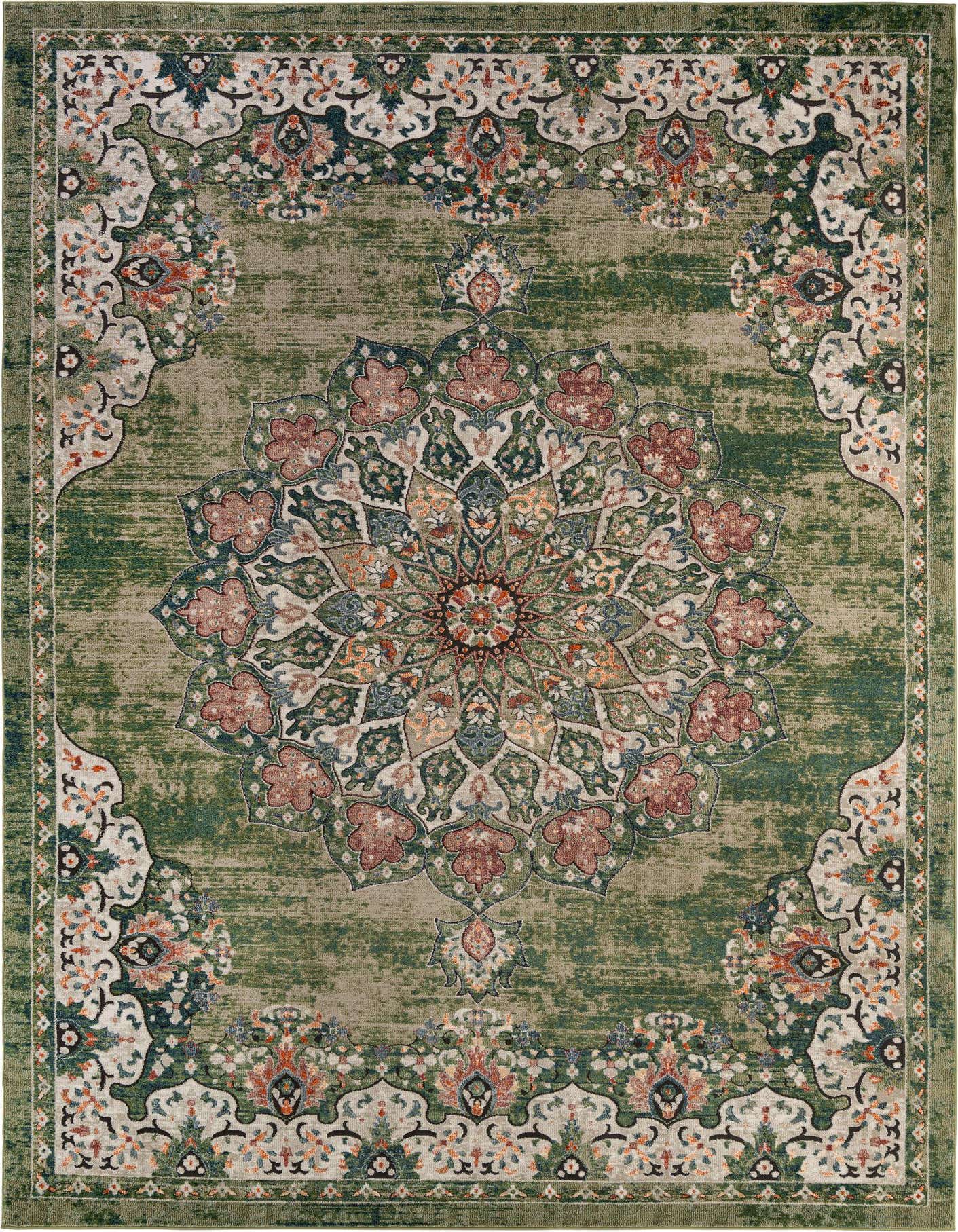 A large 10x14 rectangular green area rug with an ornate, distressed medallion and floral border pattern.