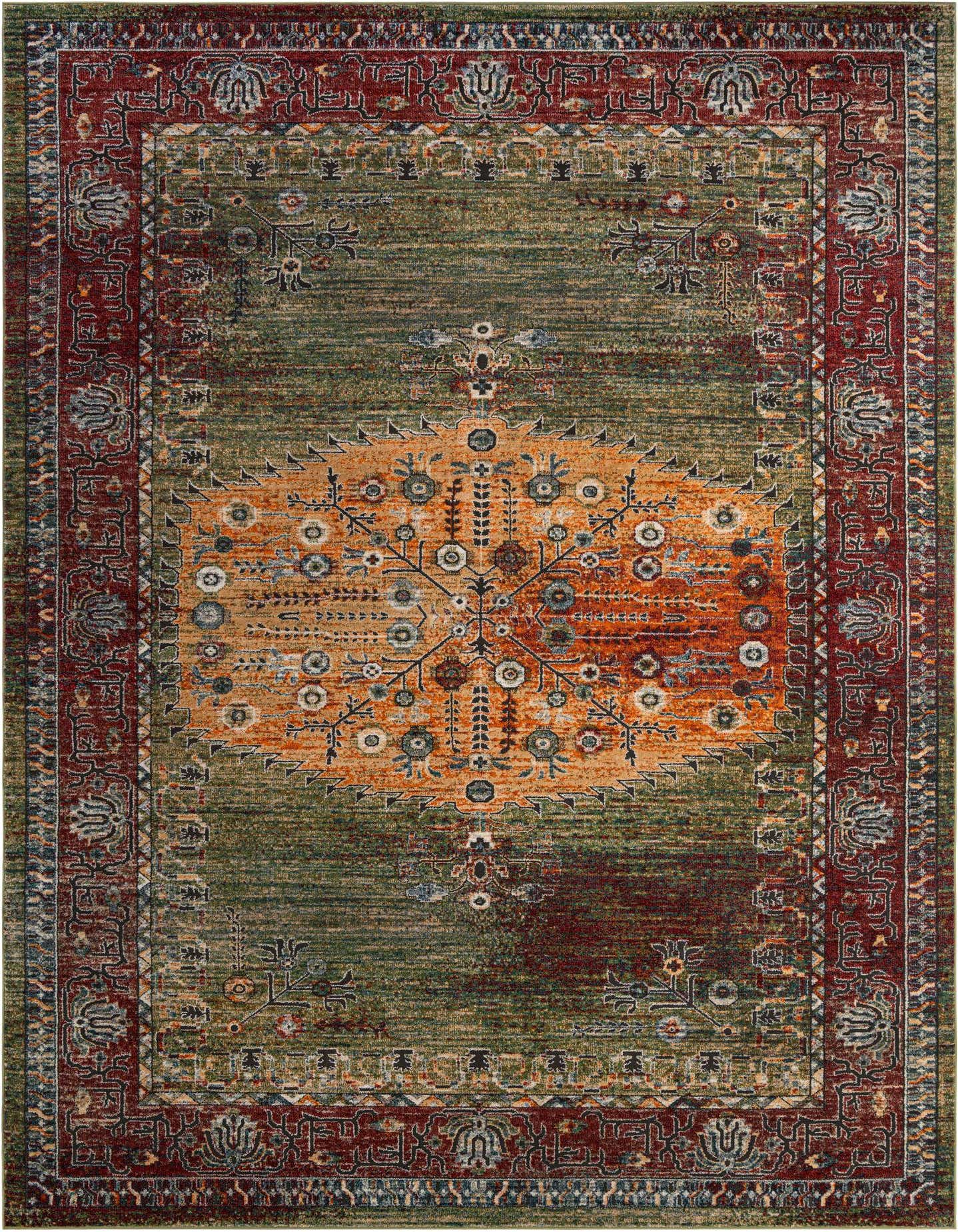 A 10x14 rectangular Isabella rug featuring a traditional Oriental medallion pattern in greens, rust, and orange with a detailed border.