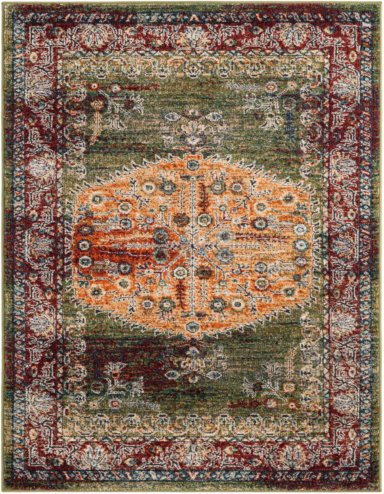 A rectangular 4x6 green area rug with a distressed traditional pattern, featuring a central orange medallion and a red border.