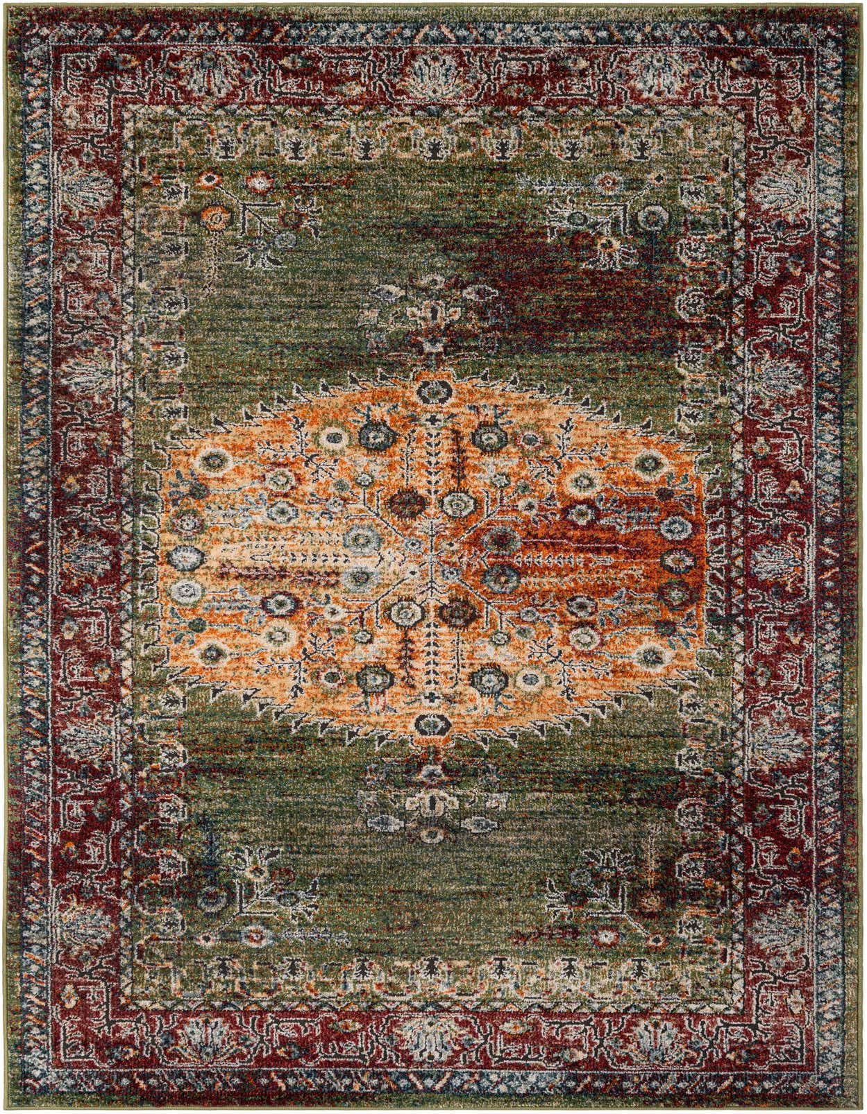 A 5x8 rectangular Isabella rug featuring a distressed traditional Oriental medallion pattern in shades of green, rust, orange, and cream, suitable for a living room.