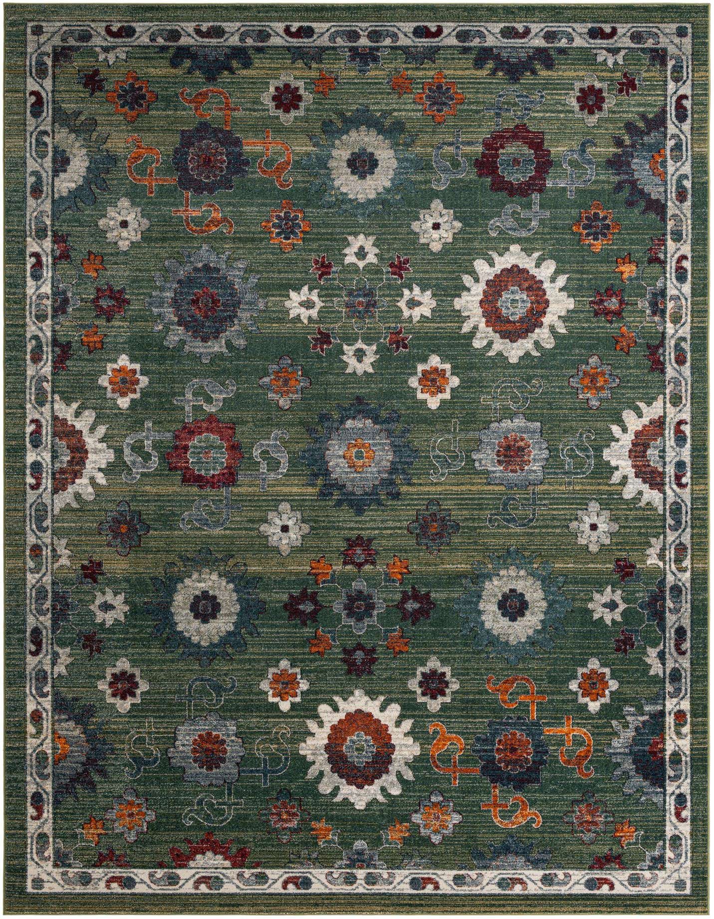 A 10x14 rectangular green area rug with a floral and medallion pattern in shades of blue, red, orange, and white, featuring a decorative border.