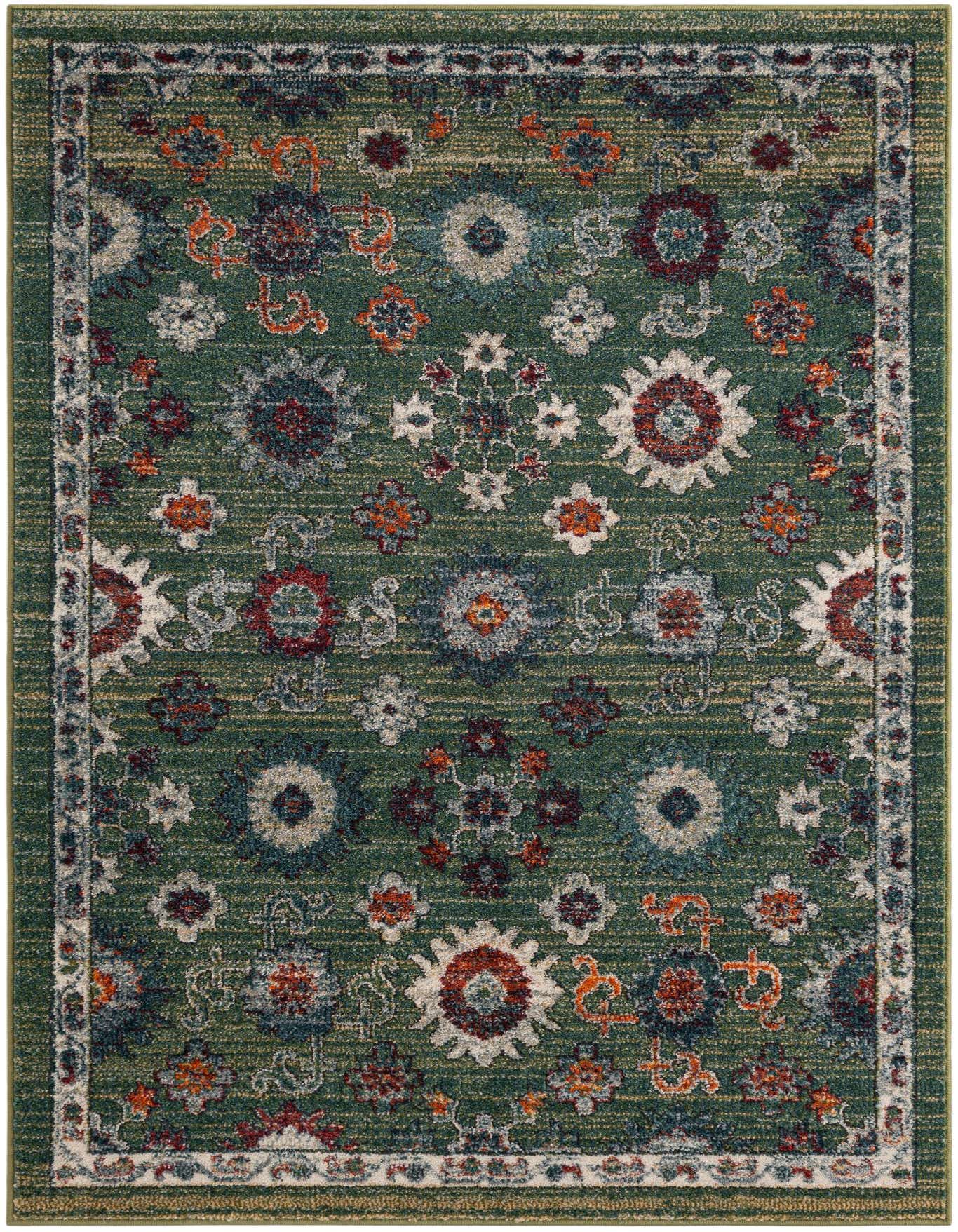 A 4x6 rectangular green area rug with a distressed floral medallion pattern in shades of red, blue, orange, and cream, featuring a decorative border.