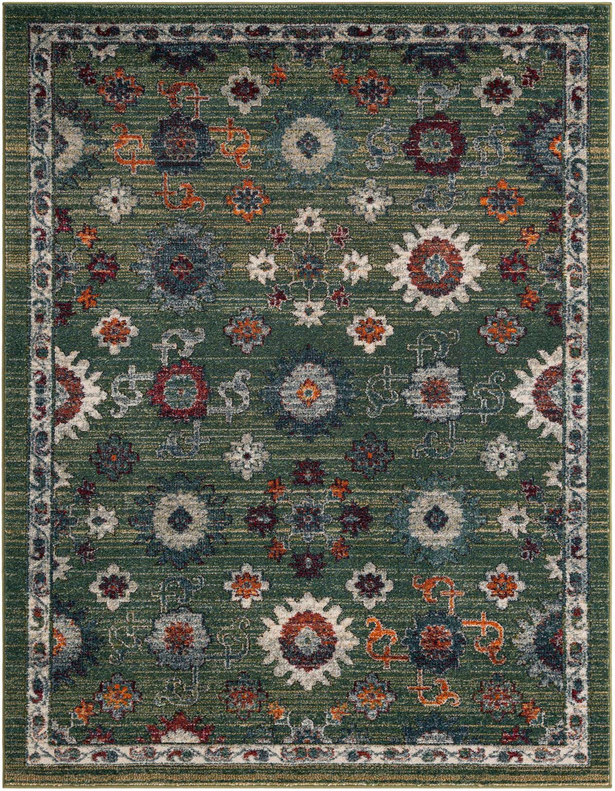 A 5x8 rectangular green area rug with a distressed traditional floral pattern in shades of cream, red, orange, and blue.