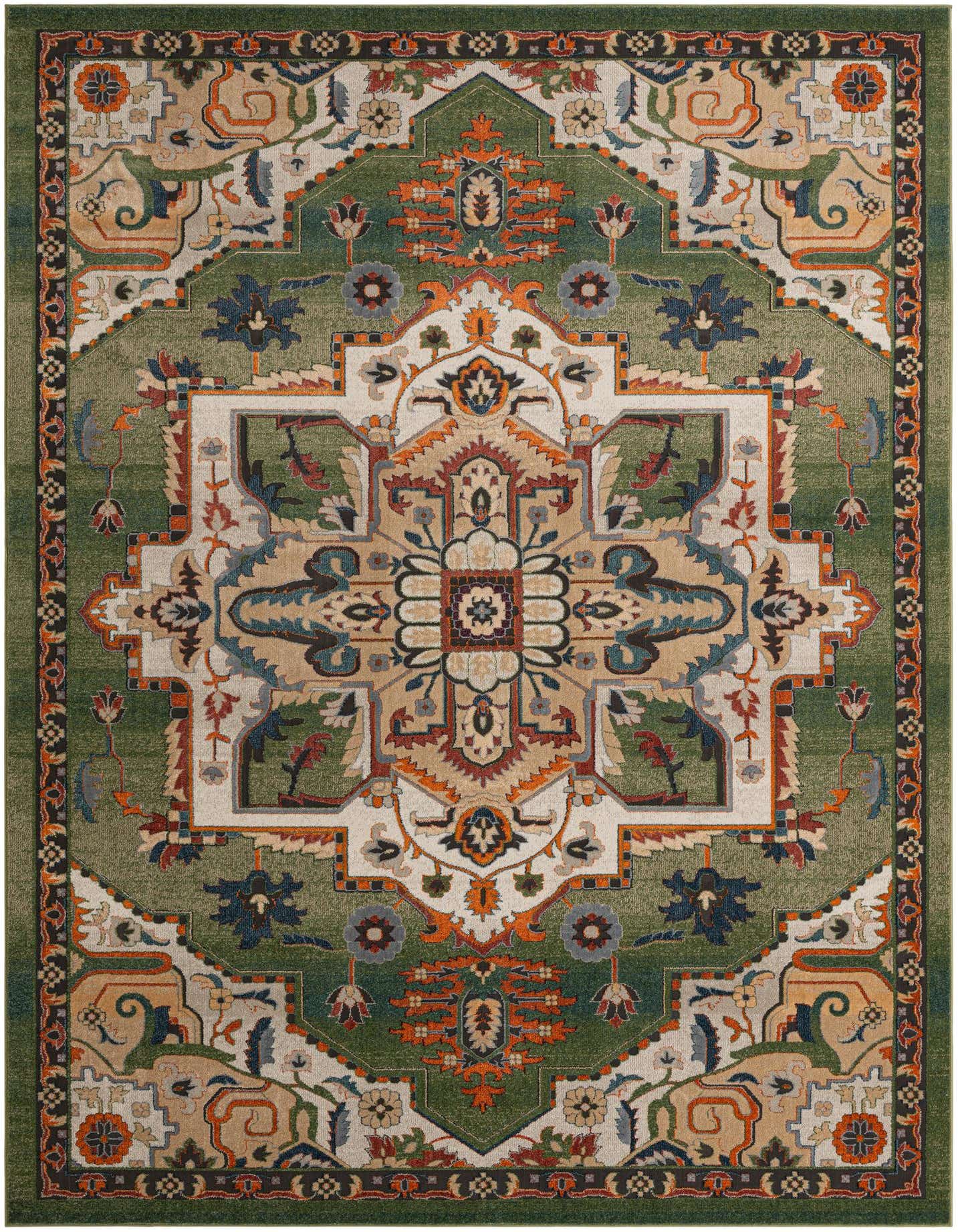 A 10x14 rectangular Isabella rug with a rich green background and an intricate, multi-colored traditional pattern, ideal for a living room.