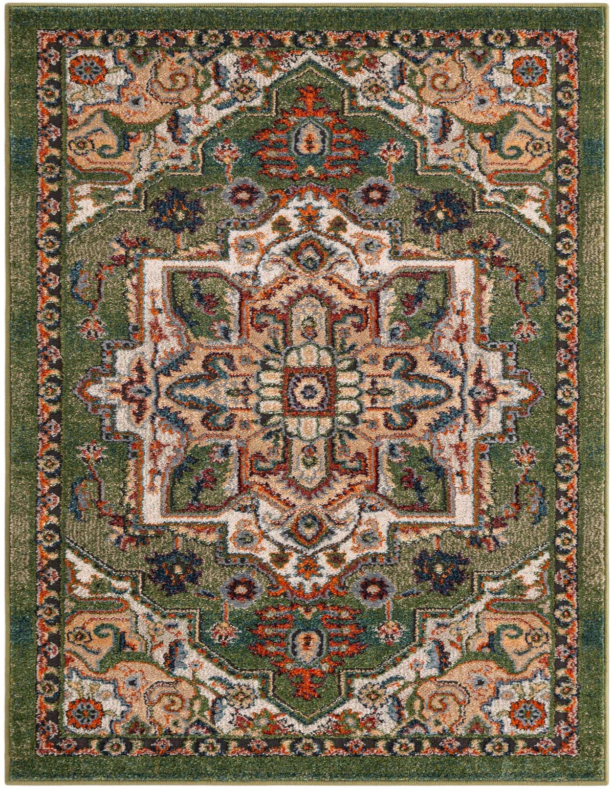 A 3x5 rectangular Isabella rug by Rugs.com with a traditional medallion pattern in shades of green, rust, beige, and blue.
