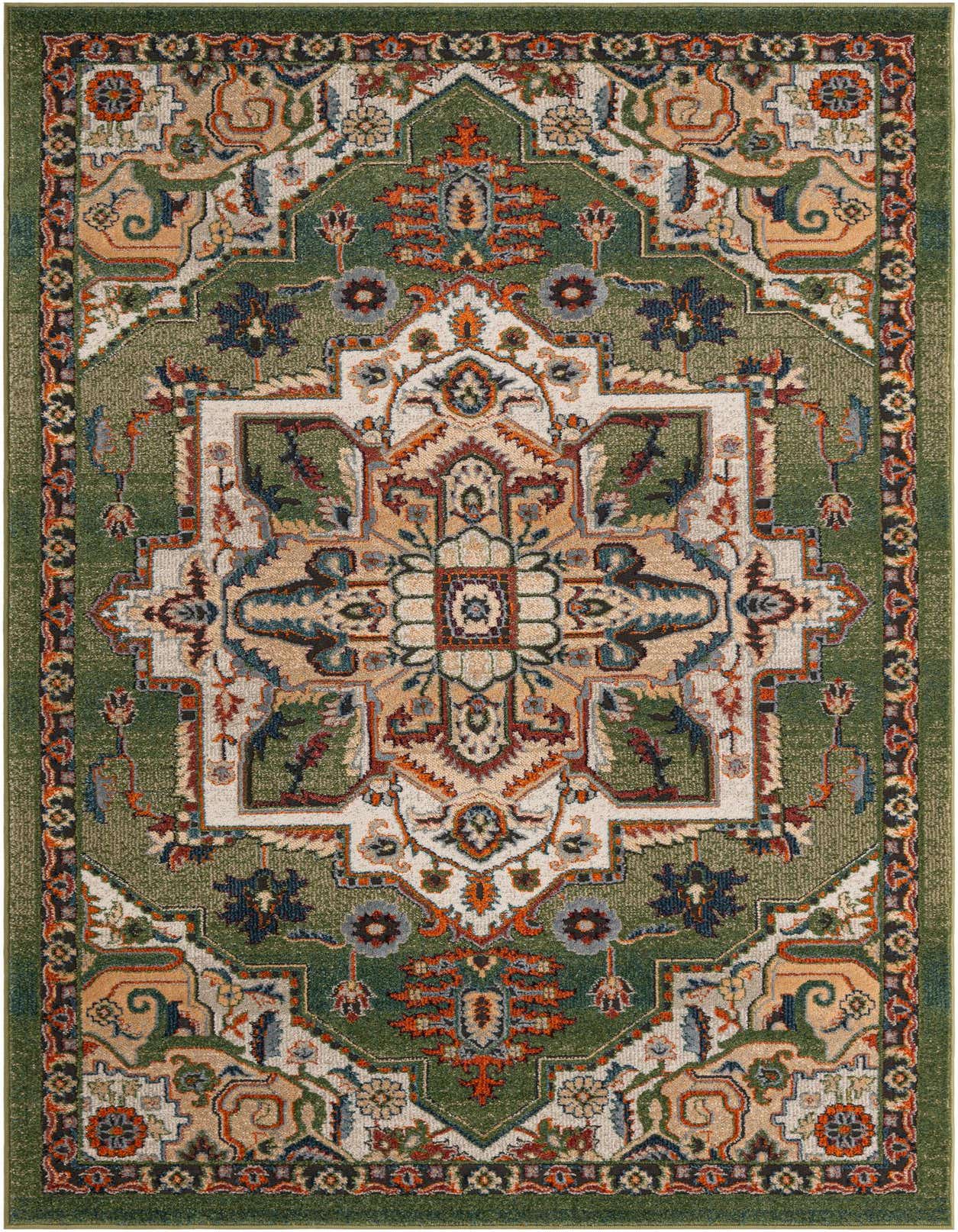 A 5x8 rectangular Isabella Collection rug featuring a detailed traditional medallion pattern in various shades of green, cream, and earthy tones.