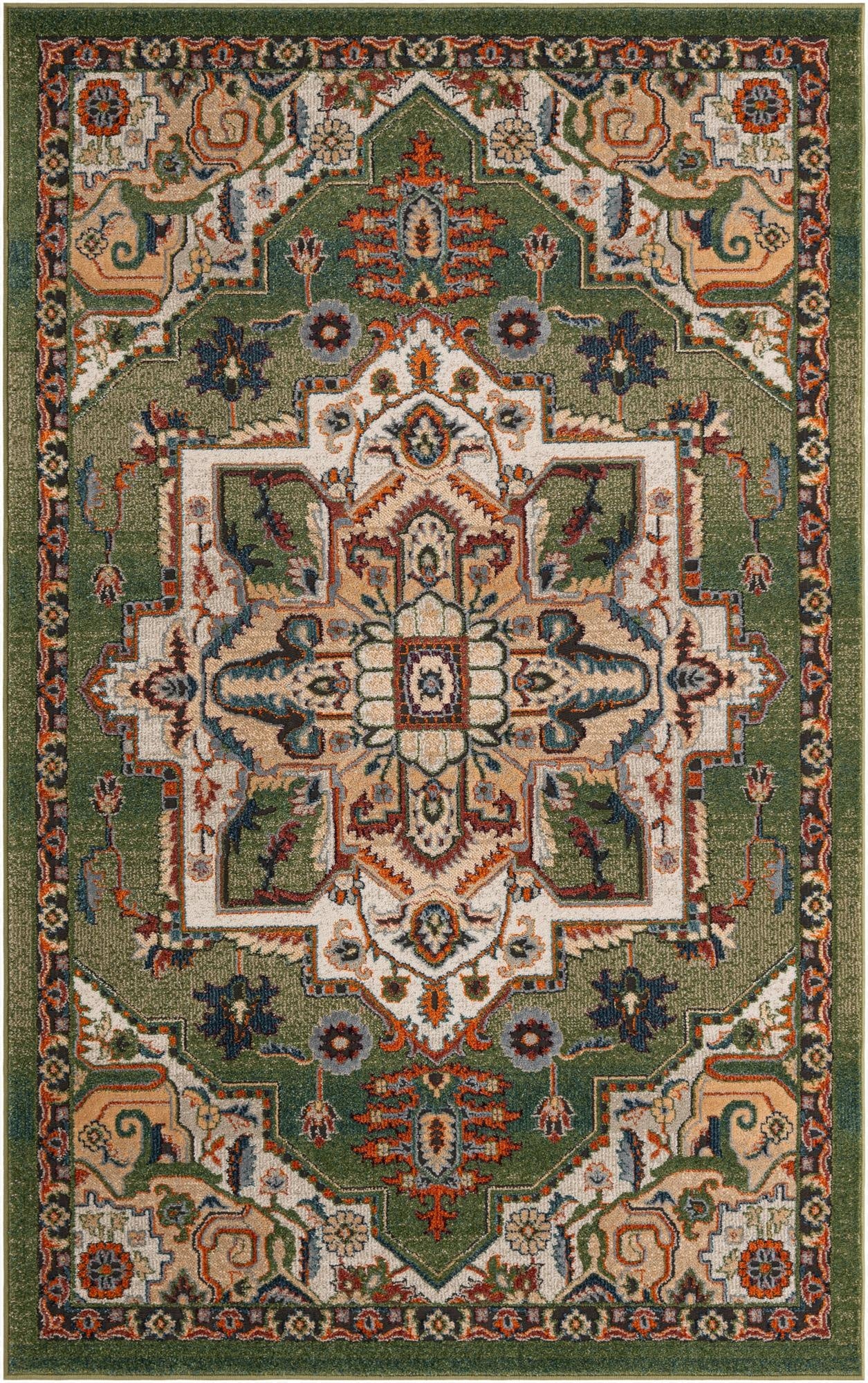 A 5x8 rectangular Isabella Collection rug featuring a detailed traditional medallion pattern in various shades of green, cream, and earthy tones.