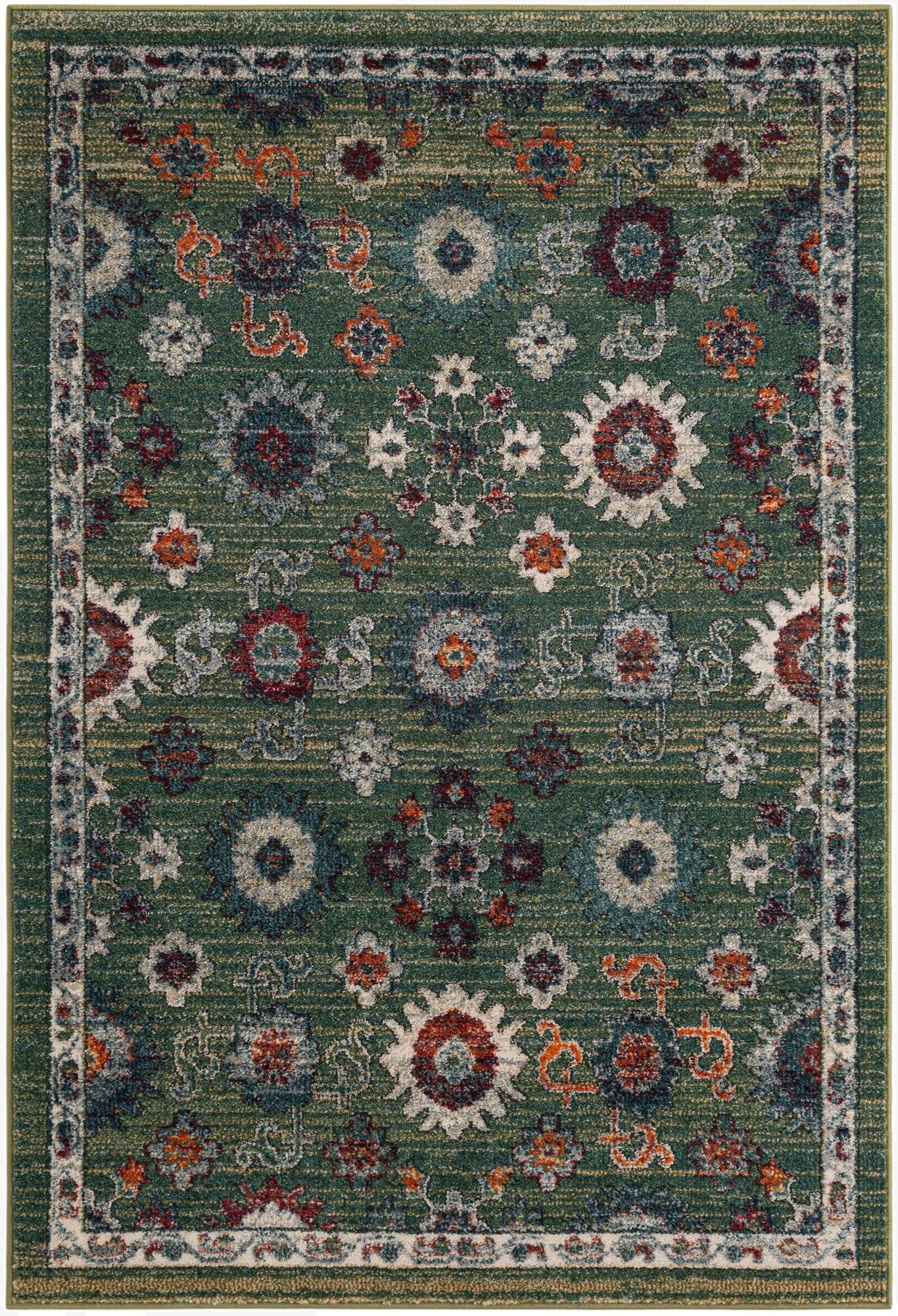 A 4x6 rectangular green area rug with a distressed floral medallion pattern in shades of red, blue, orange, and cream, featuring a decorative border.