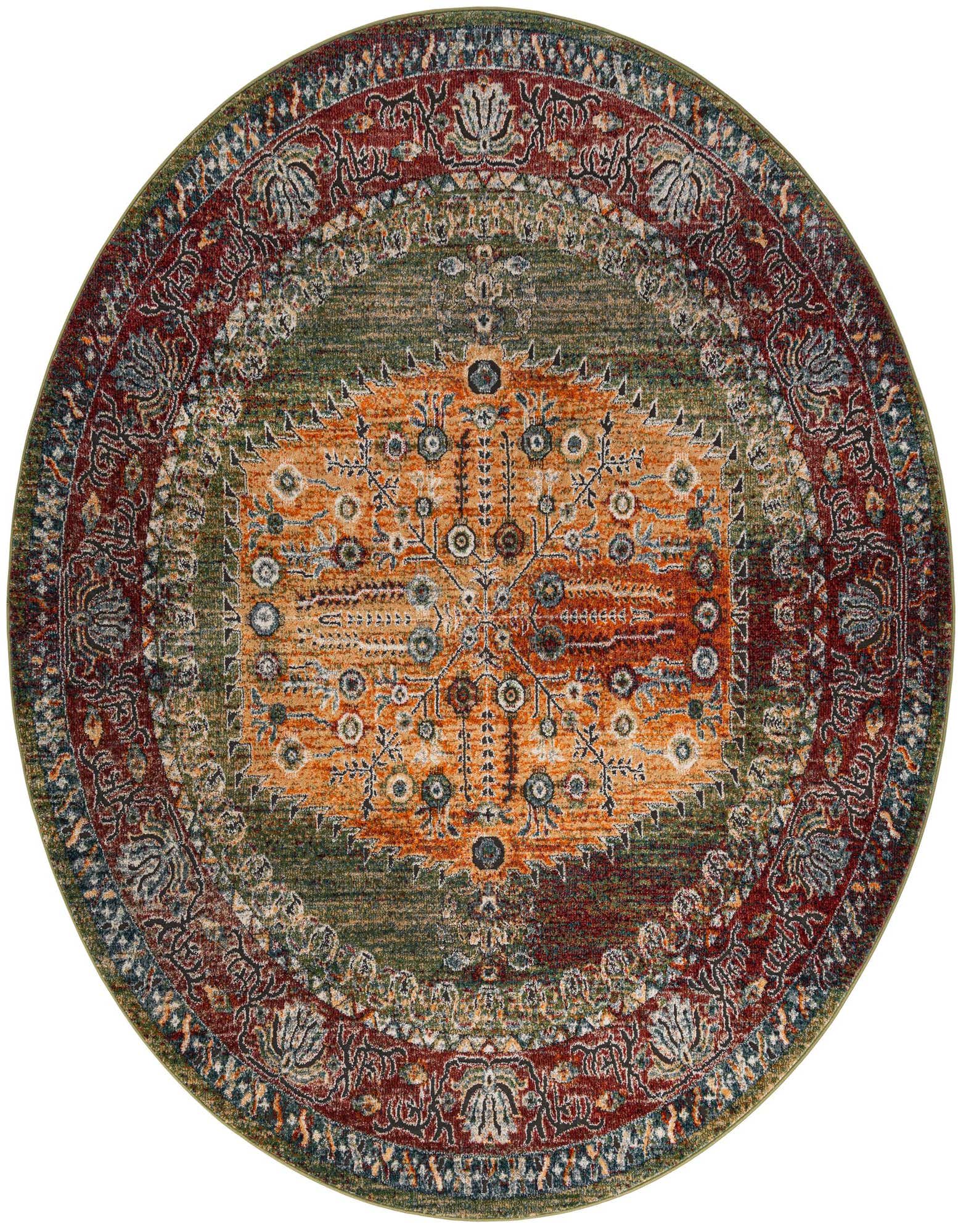 A round green and orange vintage oriental rug with a detailed medallion pattern and ornate border.