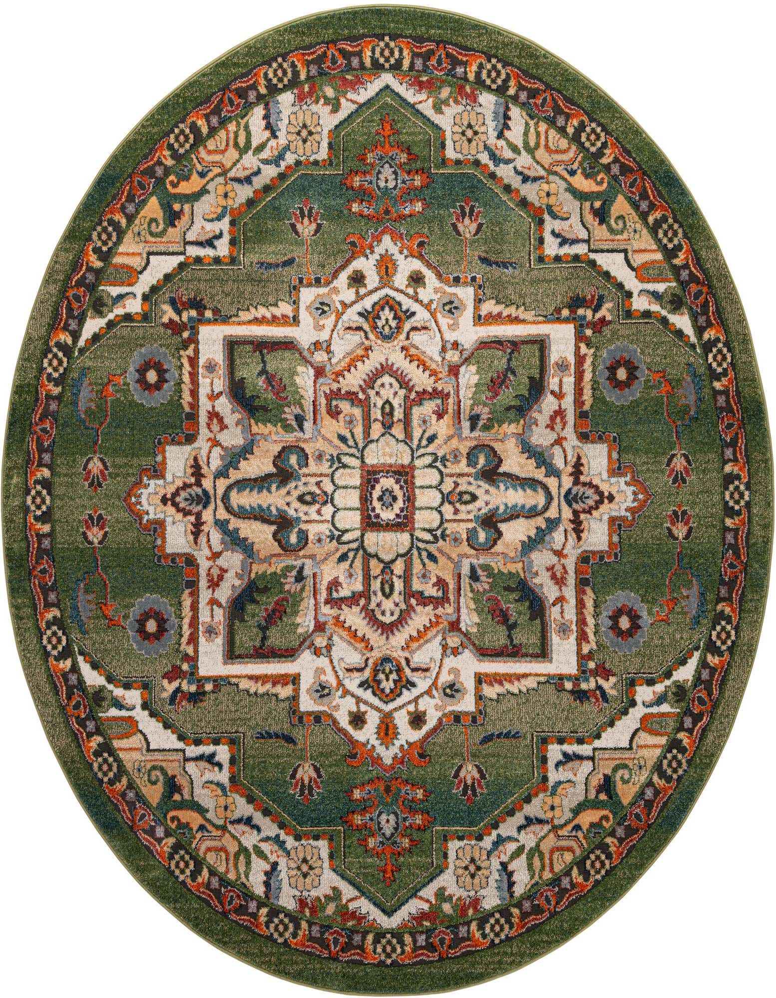 A round 8' green area rug with a detailed central medallion and floral border in cream, red, and blue.