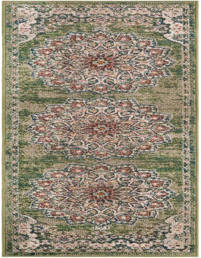 A 6 ft green runner rug with a traditional Oriental medallion pattern in shades of green, red, and blue.