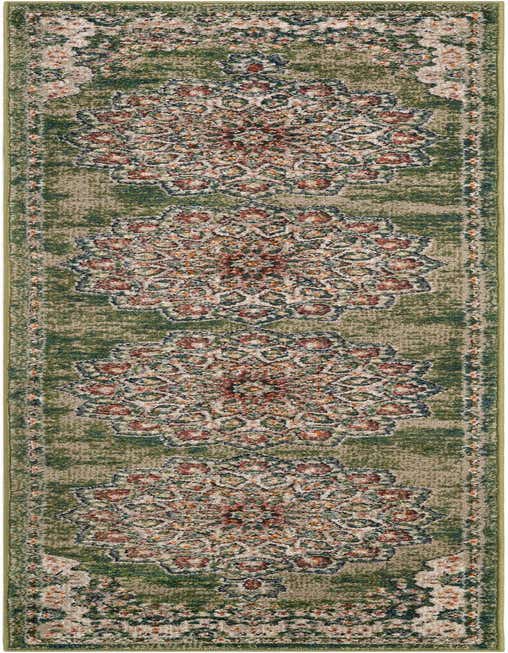 An 8 ft green runner rug with a distressed traditional pattern featuring large medallion motifs in red, blue, and cream.