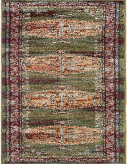 A 13 ft Isabella runner rug in shades of green, red, and orange with a traditional medallion pattern, perfect for a hallway.