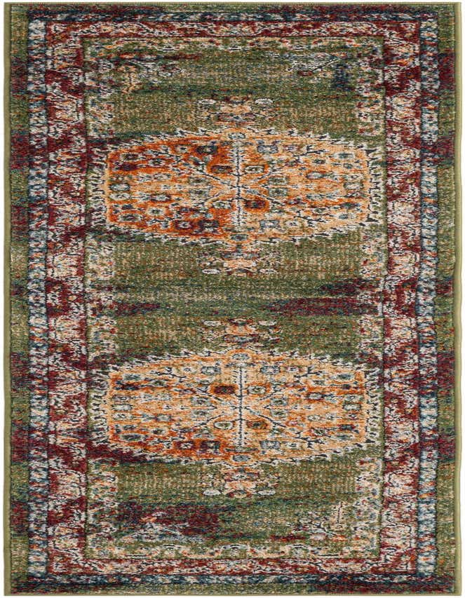 A 6 ft runner rug in shades of green with an ornate, distressed traditional pattern featuring orange, red, and blue accents.