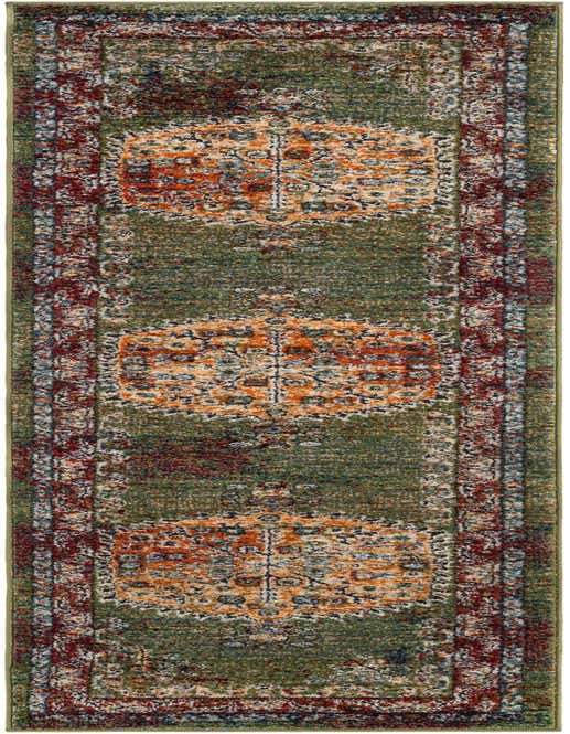 An 8 ft green runner rug with a distressed traditional Oriental medallion pattern in red, orange, and blue hues, perfect for a hallway.