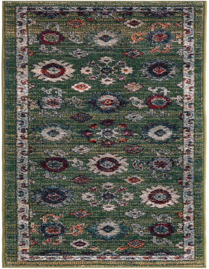 A 6 ft runner rug in shades of green with a distressed traditional pattern featuring floral and medallion motifs in blue, red, and cream.