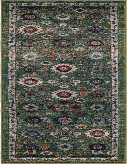 A long 8 ft runner rug featuring a distressed green background with a repeating pattern of white, red, and blue floral medallions and accents, ideal for a hallway.